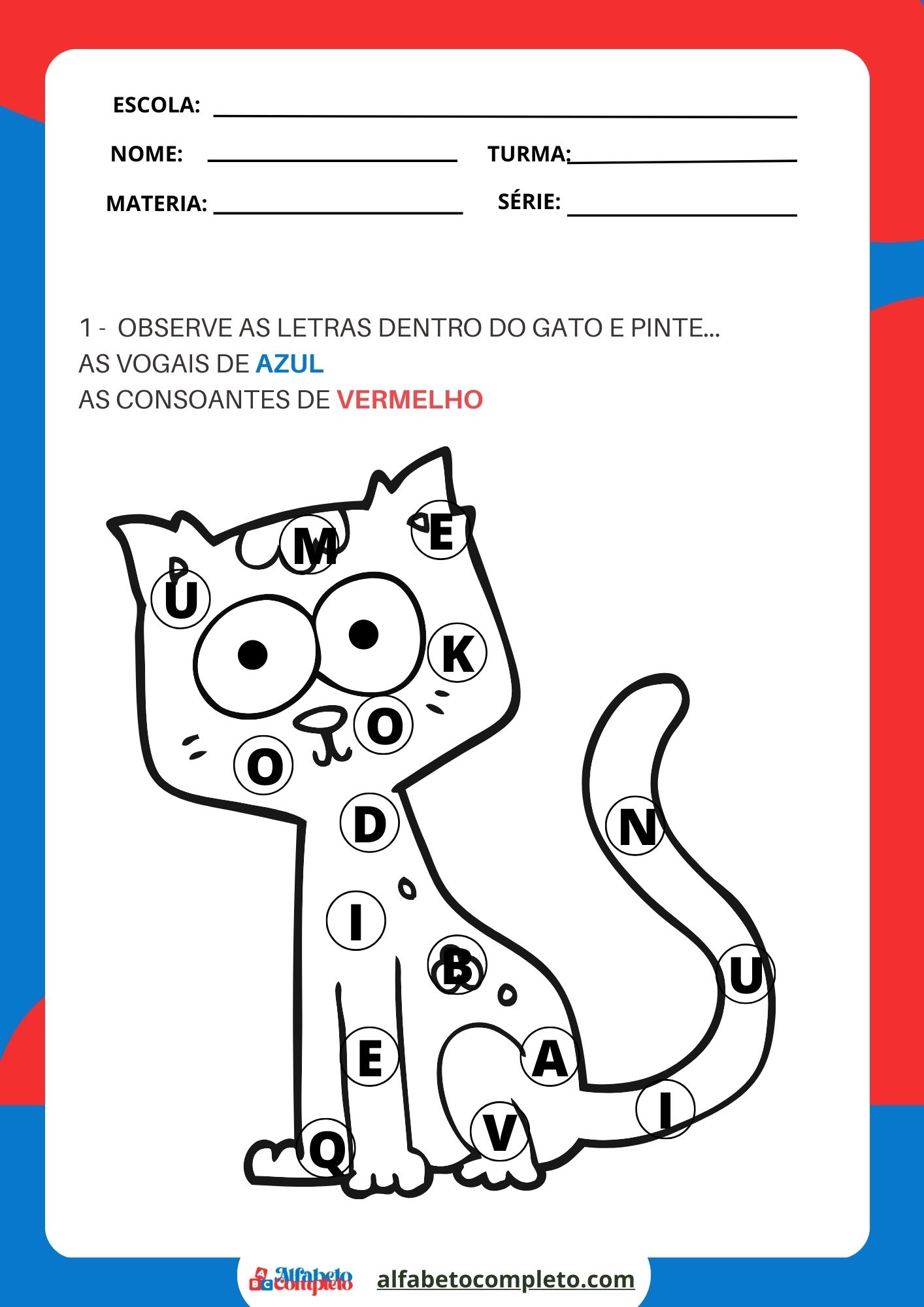 Observe as letras dentro do gato e pinte